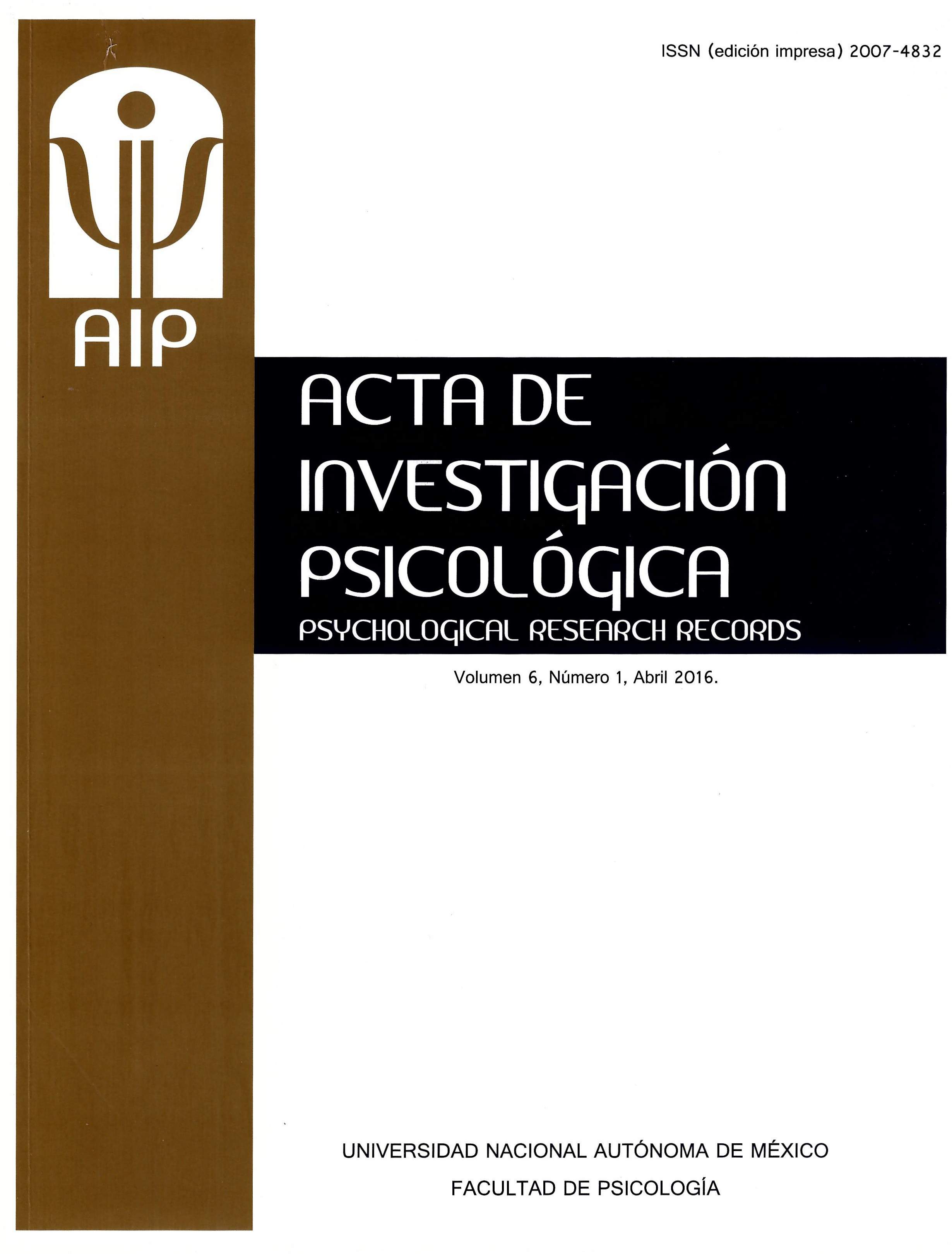 Acta de investigación psicológica. Psychological research records, vol. 6, Núm. 1, abril 2016