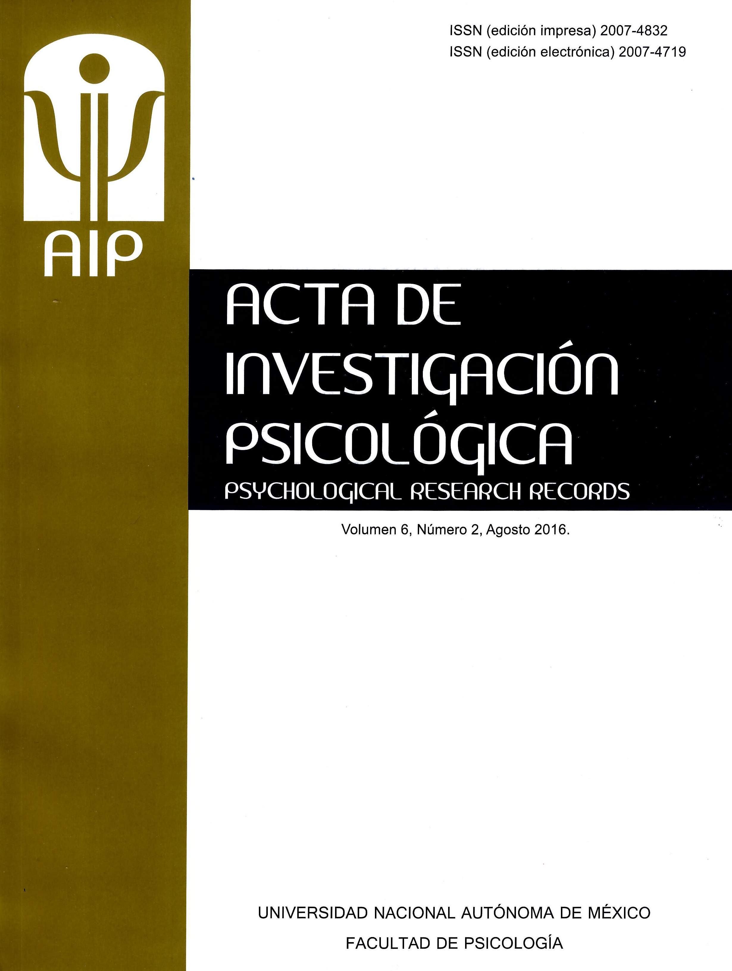 Acta de investigación psicológica. Psychological research records, vol. 6, Núm. 2, agosto 2016